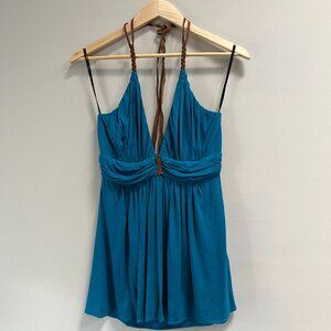Sky Women's Halter Top Teal Blue Plunge‎ Leather Tie Sexy Boho NEW Large